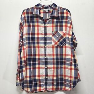 Old Navy The Boyfriend Shirt Plaid Womens Size XL Red White Blue Country Cotton
